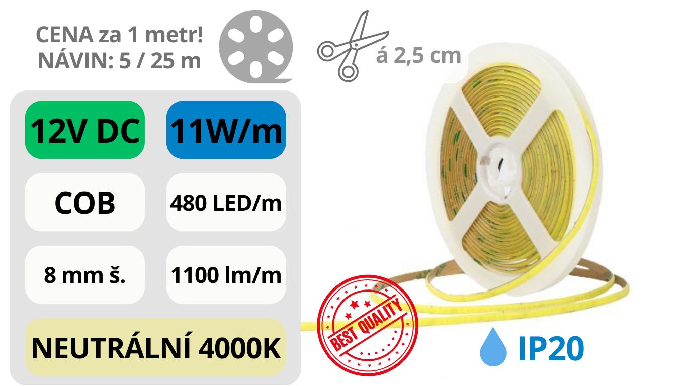 LED pásek COB 12V / 480LED / 11W / 4000K / IP20 / 8mm